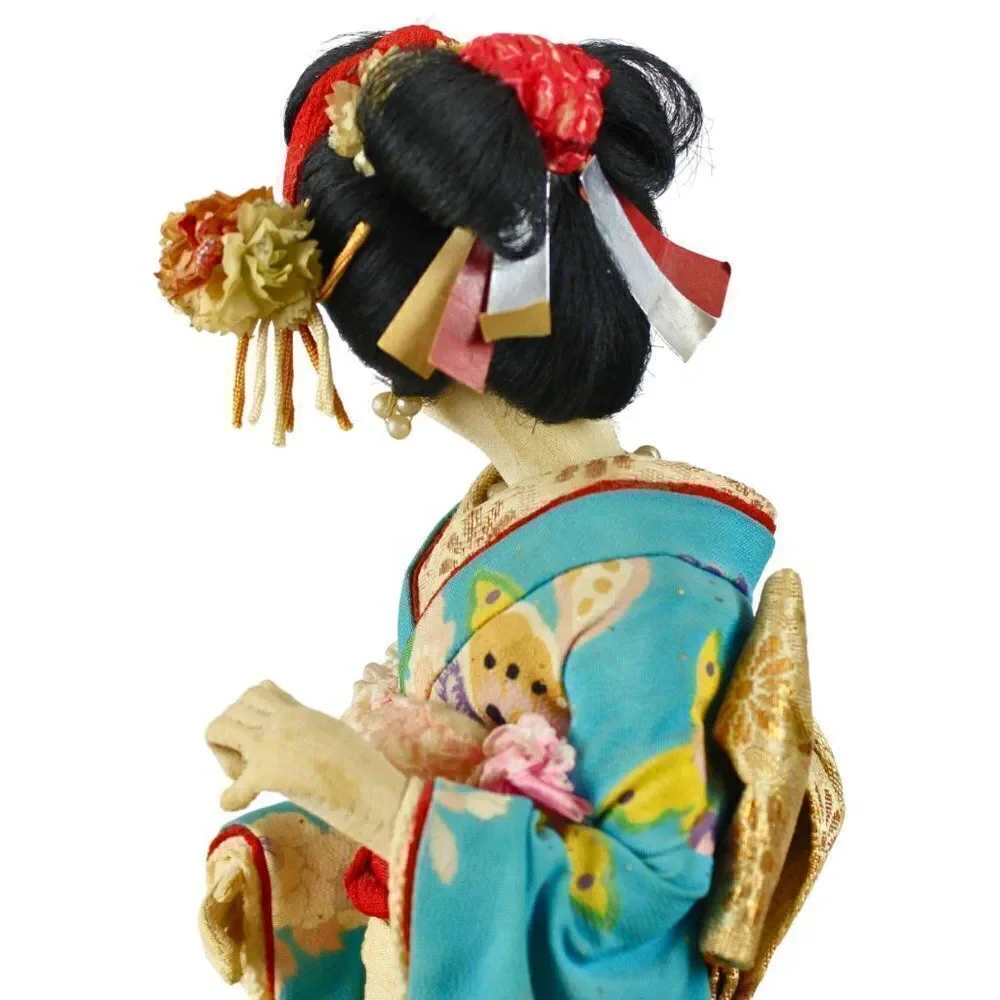 Vintage Japanese Geisha Doll Figurine in Traditional Turquoise Silk Crepe Kimono